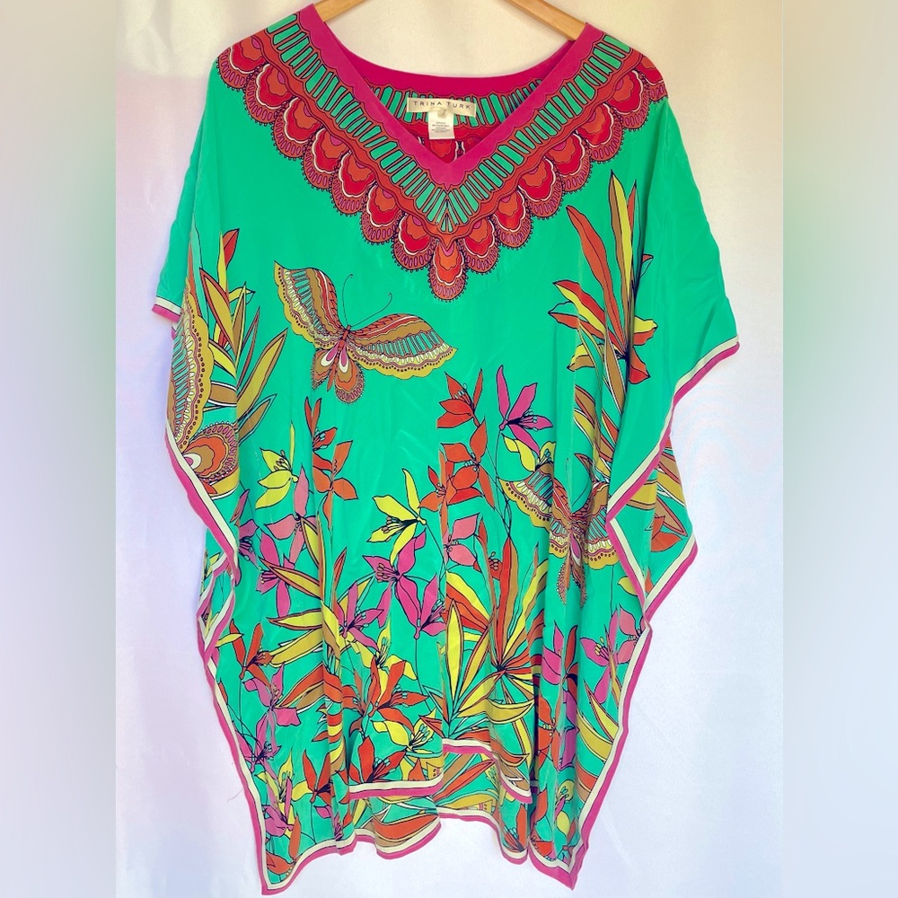 $348 TRINA TURK THEODORA JADE SILK BUTTERFLY FLORAL PRINT CAFTAN DRESS XS/SMALL
